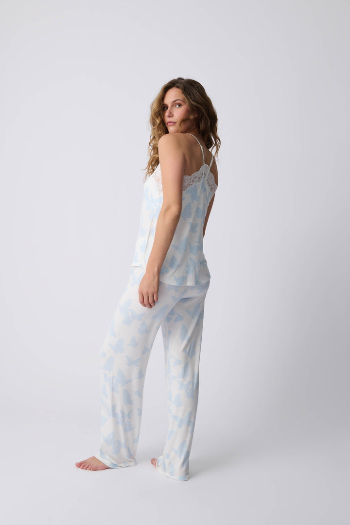 Women's ivory-blue butterfly camisole top in modal jersey. Lace trimmed neckline & adjustable straps.