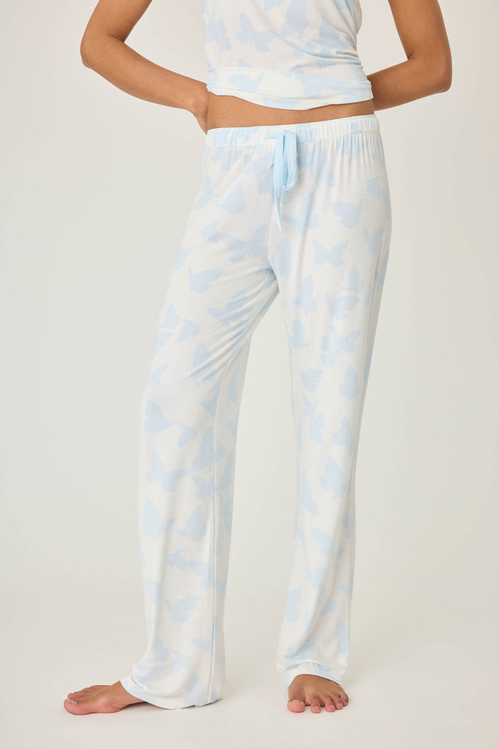 Women's ivory-blue butterfly pj pant in modal jersey. Contrast blue tie-waist band.