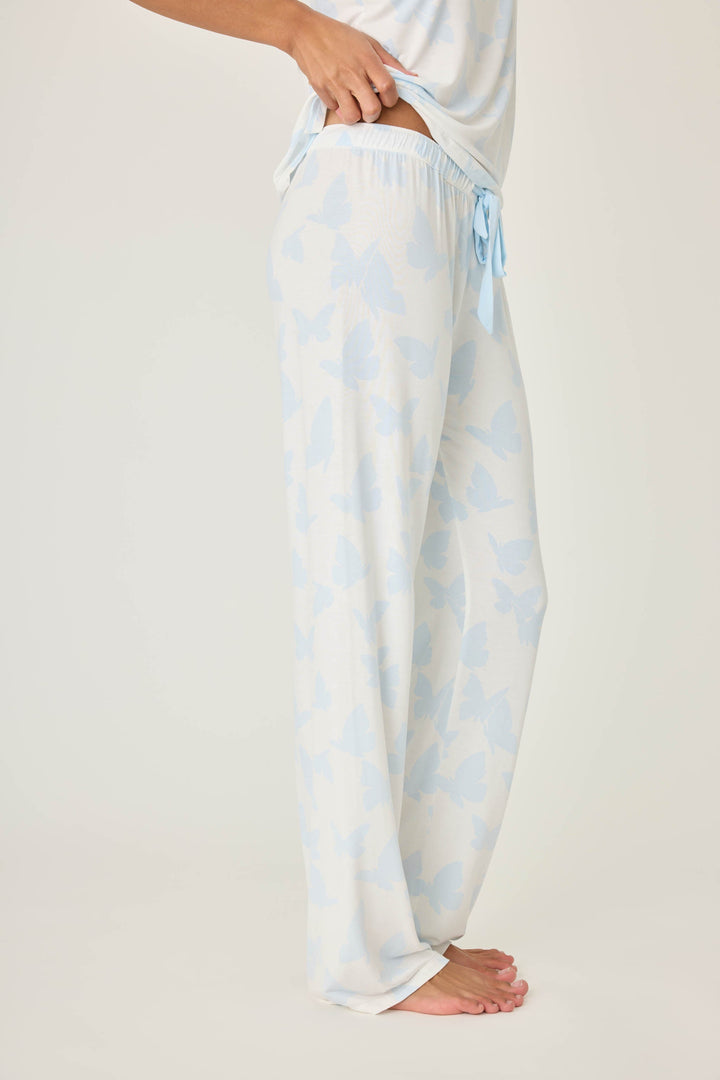 Women's ivory-blue butterfly pj pant in modal jersey. Contrast blue tie-waist band.