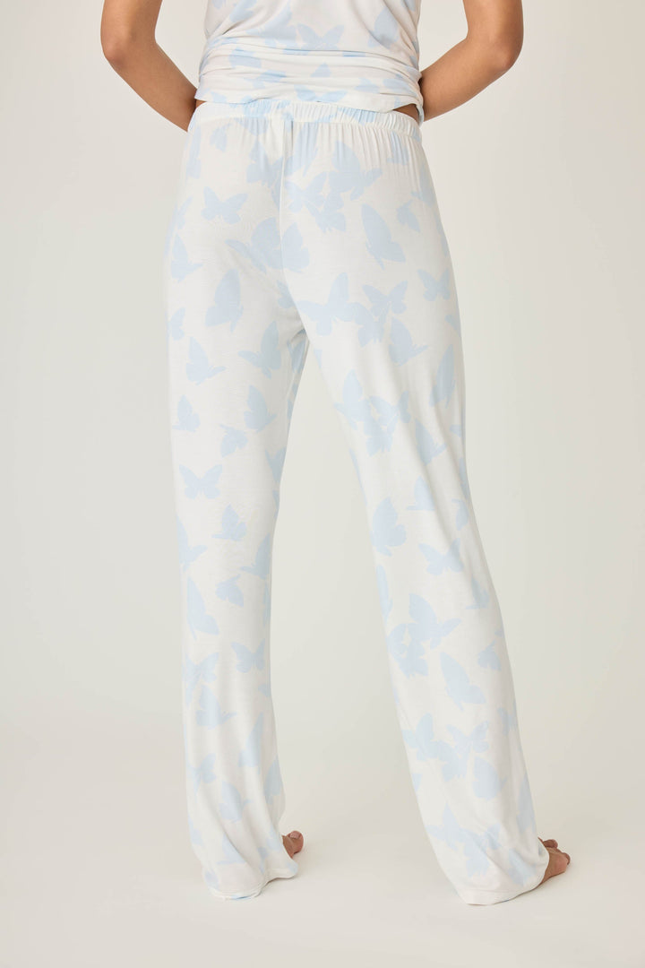 Women's ivory-blue butterfly pj pant in modal jersey. Contrast blue tie-waist band.