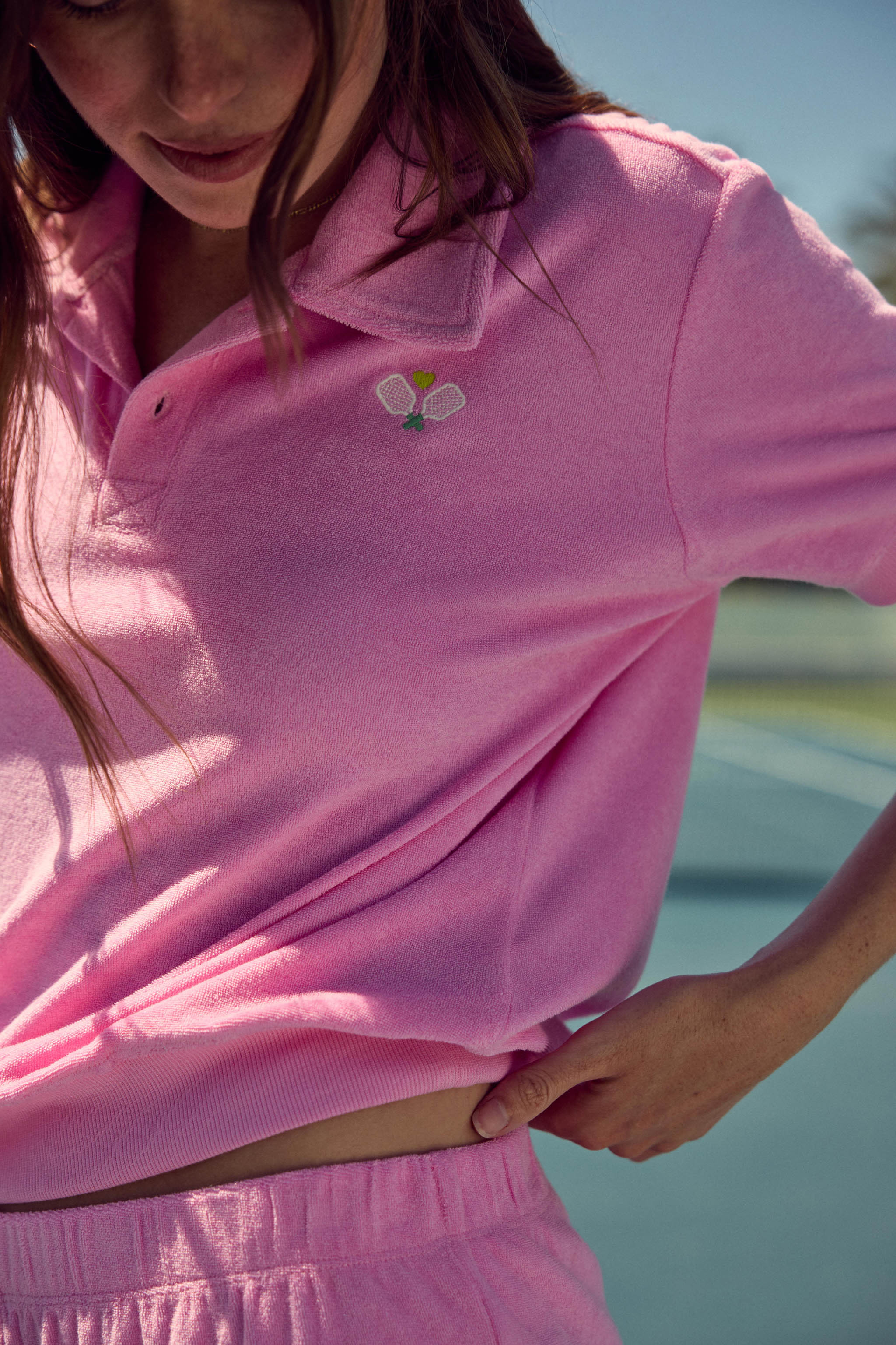 Women's Pink Vintage Terry Polo Top with Embroidery – P.J. Salvage