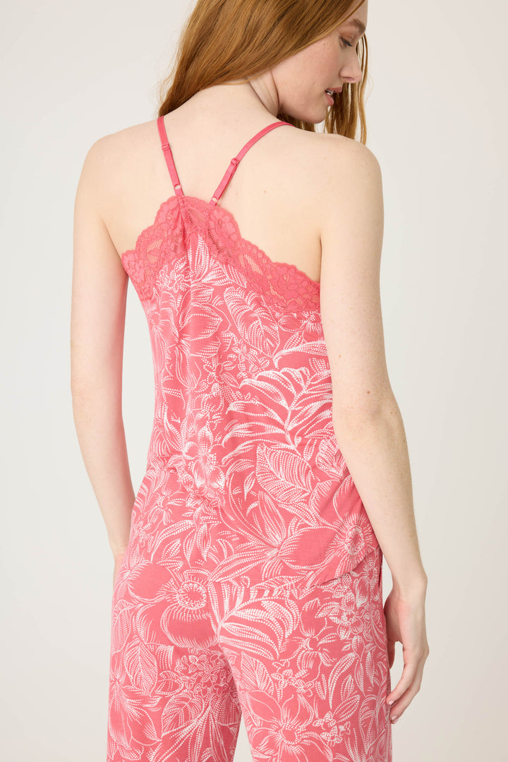 Pink floral modal women's camisole top with scallop lace neckline. Adjustable V-back straps & shelf bra.