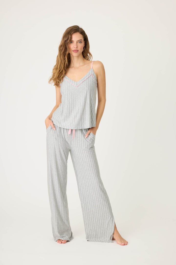 Grey-ivory pinstripe modal women's camisole top with piping at neckline. Adjustable V-back straps & shelf bra.