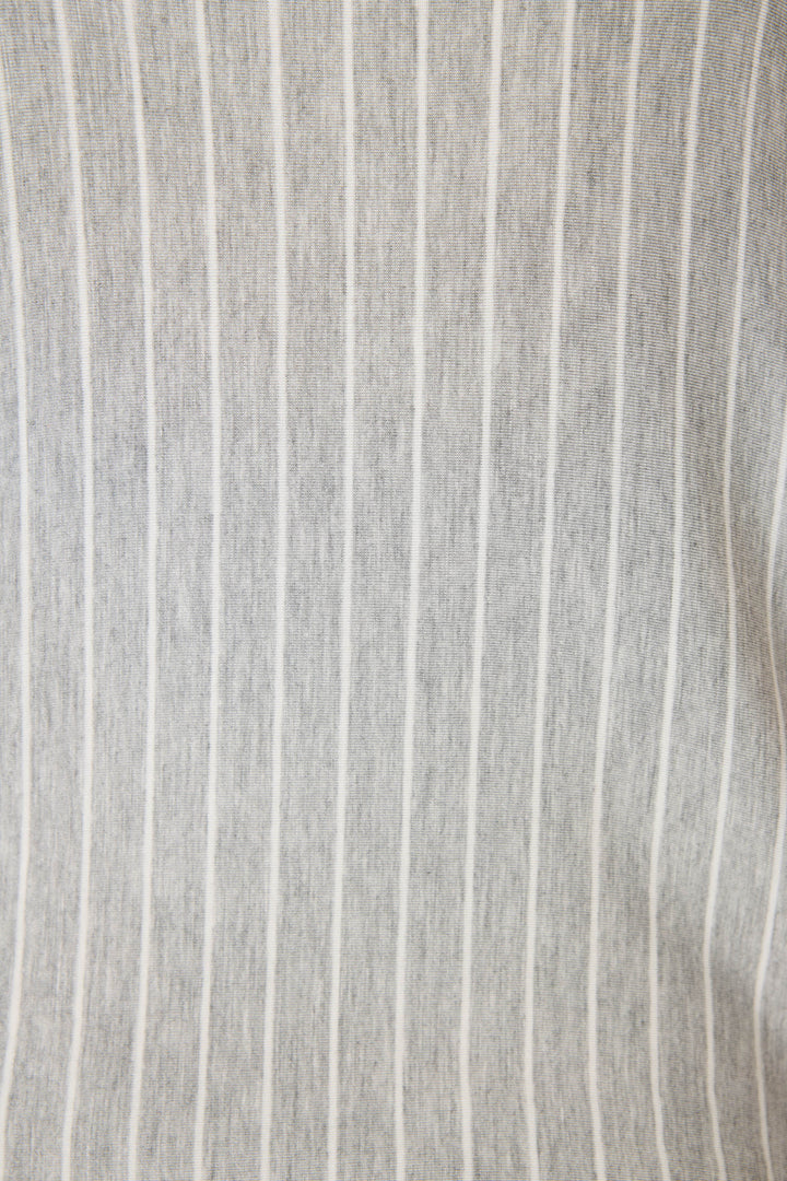 Grey-ivory pinstripe modal women's camisole top with piping at neckline. Adjustable V-back straps & shelf bra.