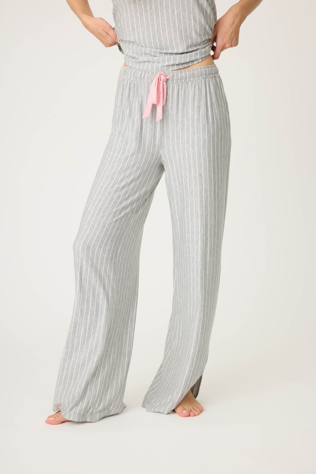 Grey-ivory pinstripe modal women's pj pant with side pockets & pink piping at sideseams. Tie waist.