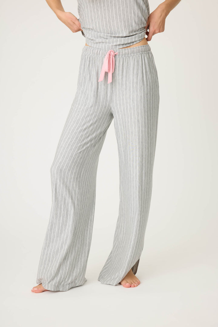 Grey-ivory pinstripe modal women's pj pant with side pockets & pink piping at sideseams. Tie waist.