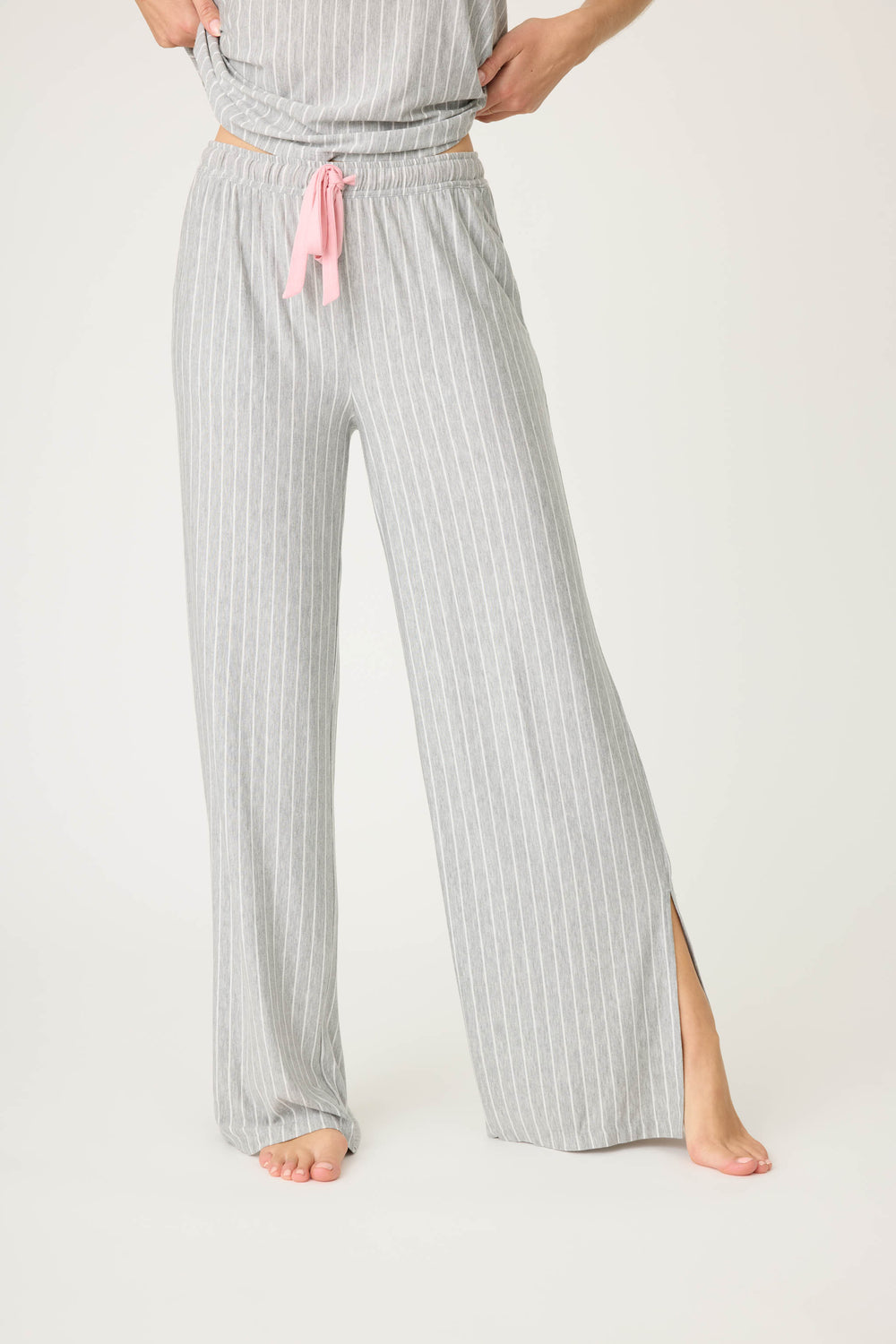 Grey-ivory pinstripe modal women's pj pant with side pockets & pink piping at sideseams. Tie waist.