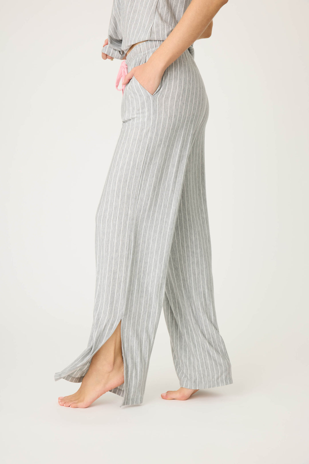 Grey-ivory pinstripe modal women's pj pant with side pockets & pink piping at sideseams. Tie waist.