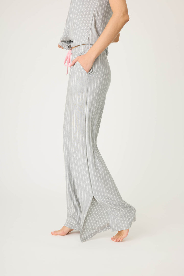 Grey-ivory pinstripe modal women's pj pant with side pockets & pink piping at sideseams. Tie waist.