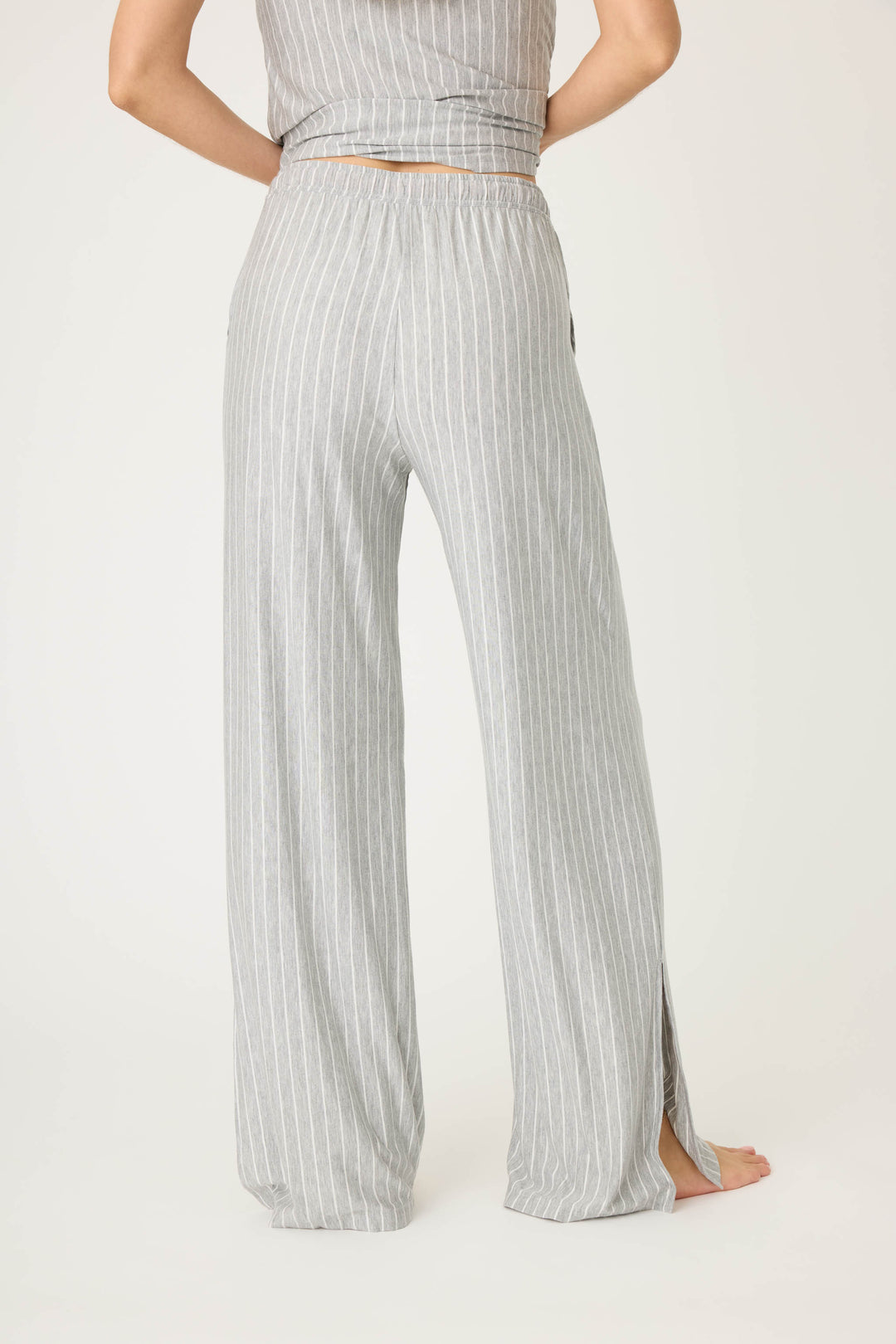 Grey-ivory pinstripe modal women's pj pant with side pockets & pink piping at sideseams. Tie waist.