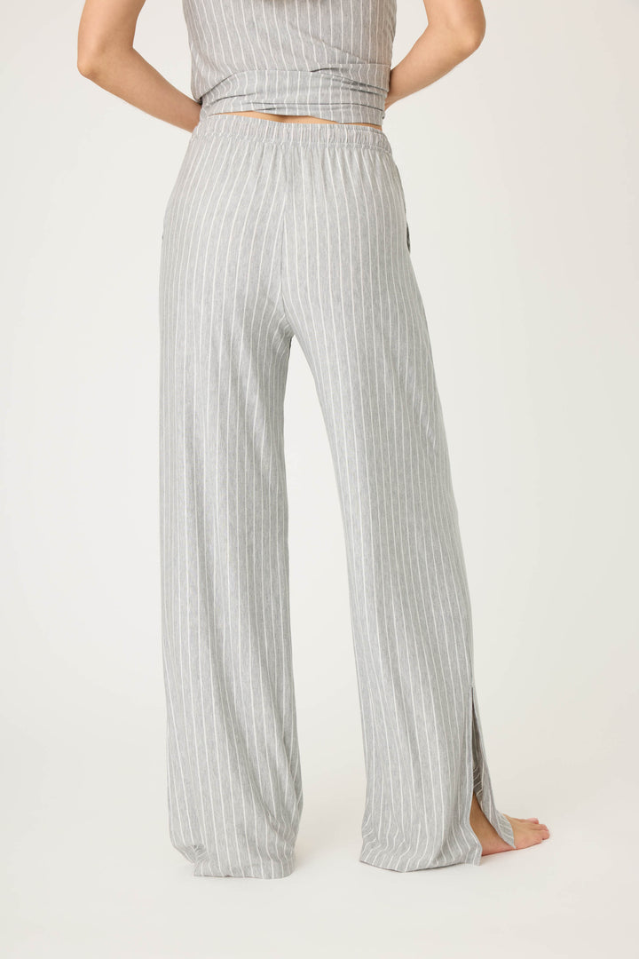 Grey-ivory pinstripe modal women's pj pant with side pockets & pink piping at sideseams. Tie waist.