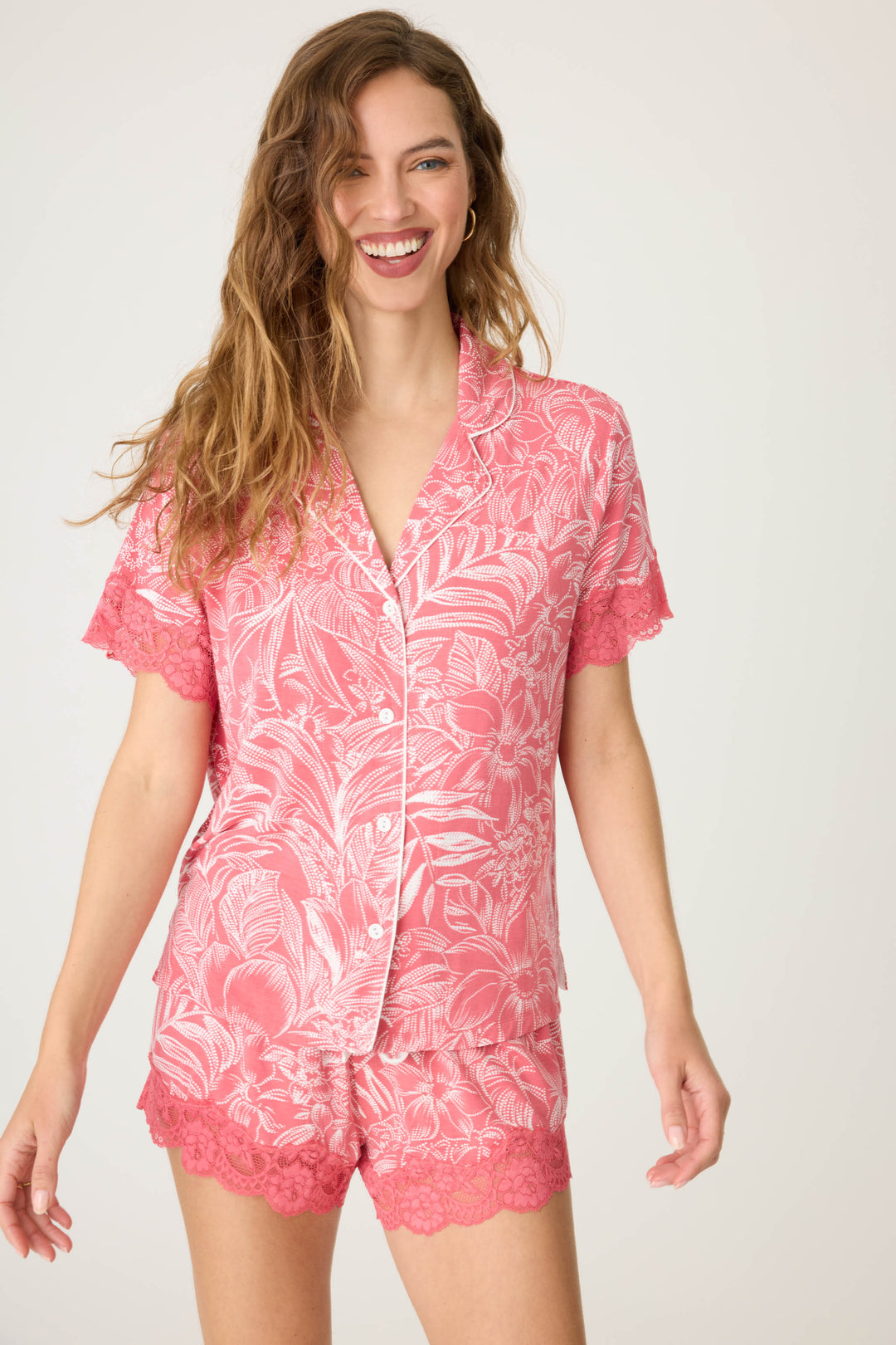 Pink floral modal women's short sleeve pj top with button front & scallop lace sleeve.