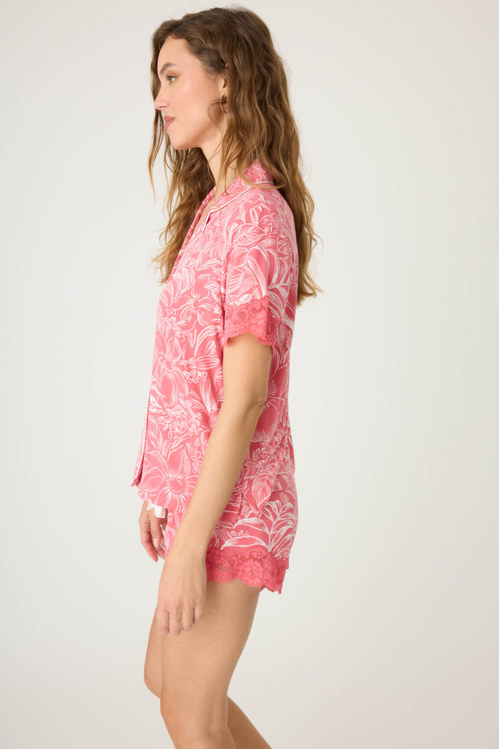 Pink floral modal women's short sleeve pj top with button front & scallop lace sleeve.