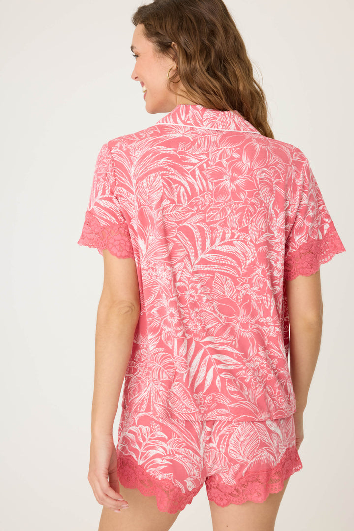 Pink floral modal women's short sleeve pj top with button front & scallop lace sleeve.