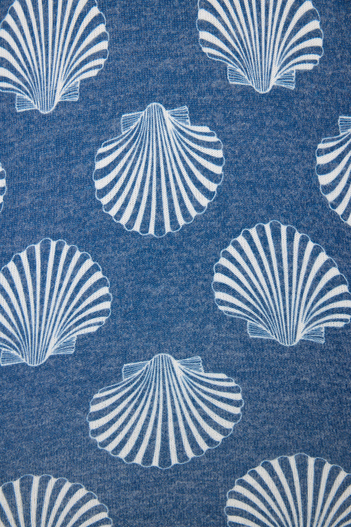 Women's navy blue shell-printed tank top with racer back & rounded hem.