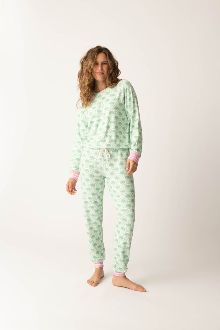 Women's spring racket-sun printed lounge top in ivory-green pattern, with striped pink cuffs.