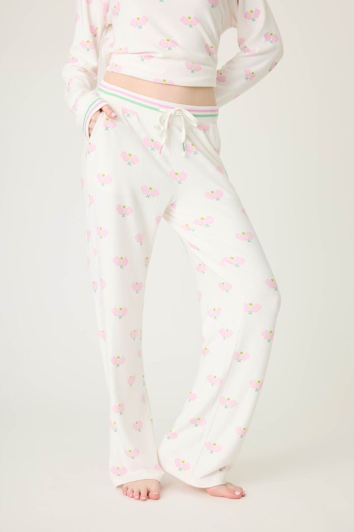 Pickleball racket-printed lounge pant for women in ivory-pink. Side pockets & striped waistband.