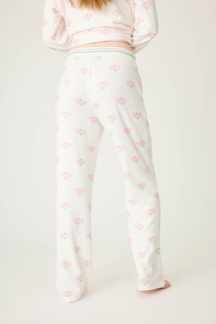 Pickleball racket-printed lounge pant for women in ivory-pink. Side pockets & striped waistband.