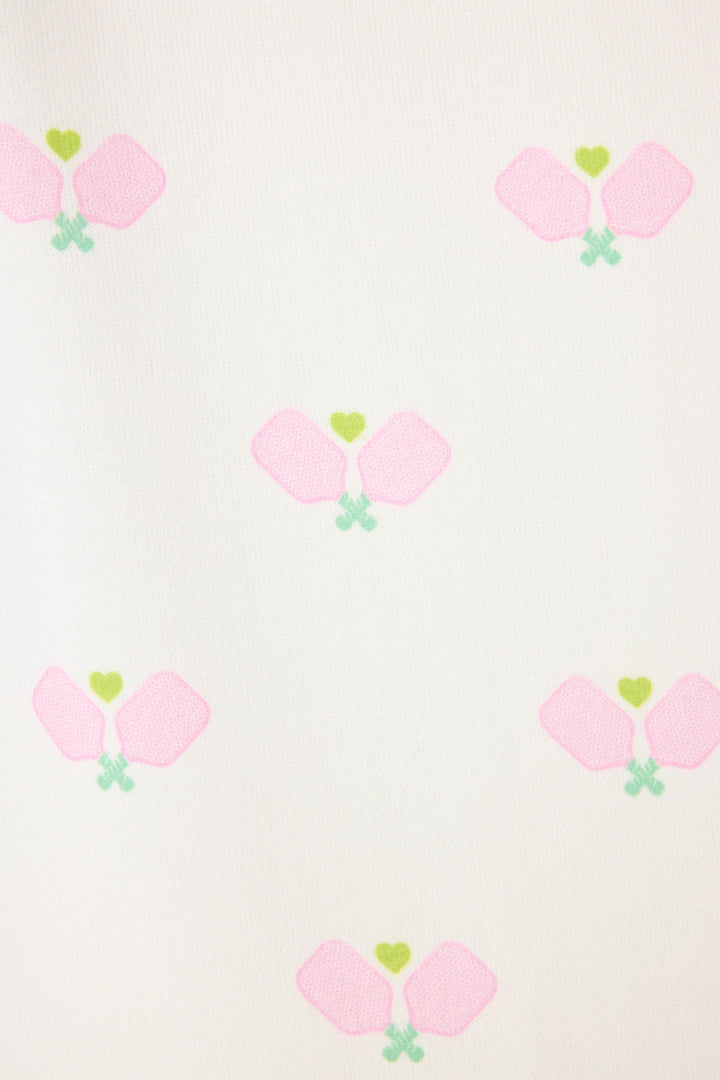 Pickleball racket-printed lounge pant for women in ivory-pink. Side pockets & striped waistband.