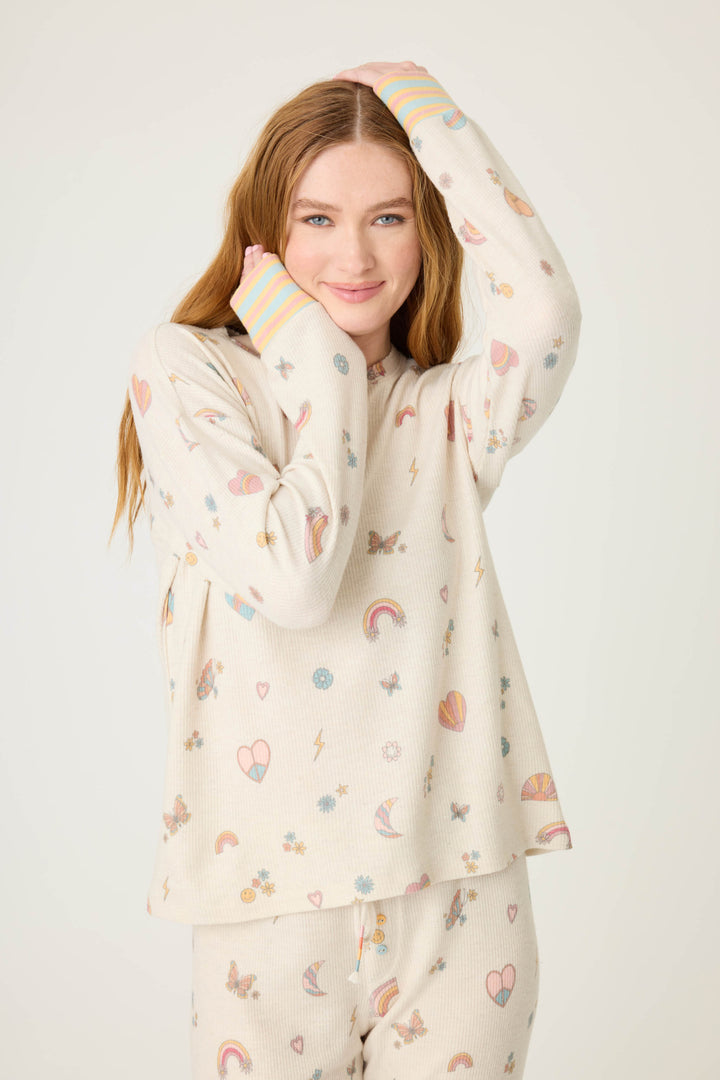 Emoji-fun tattoo printed lounge top in oatmeal with multi-color striped cuffs.