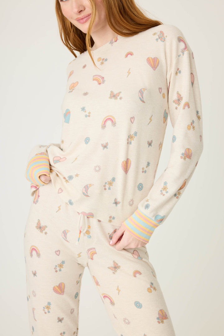 Emoji-fun tattoo printed lounge top in oatmeal with multi-color striped cuffs.