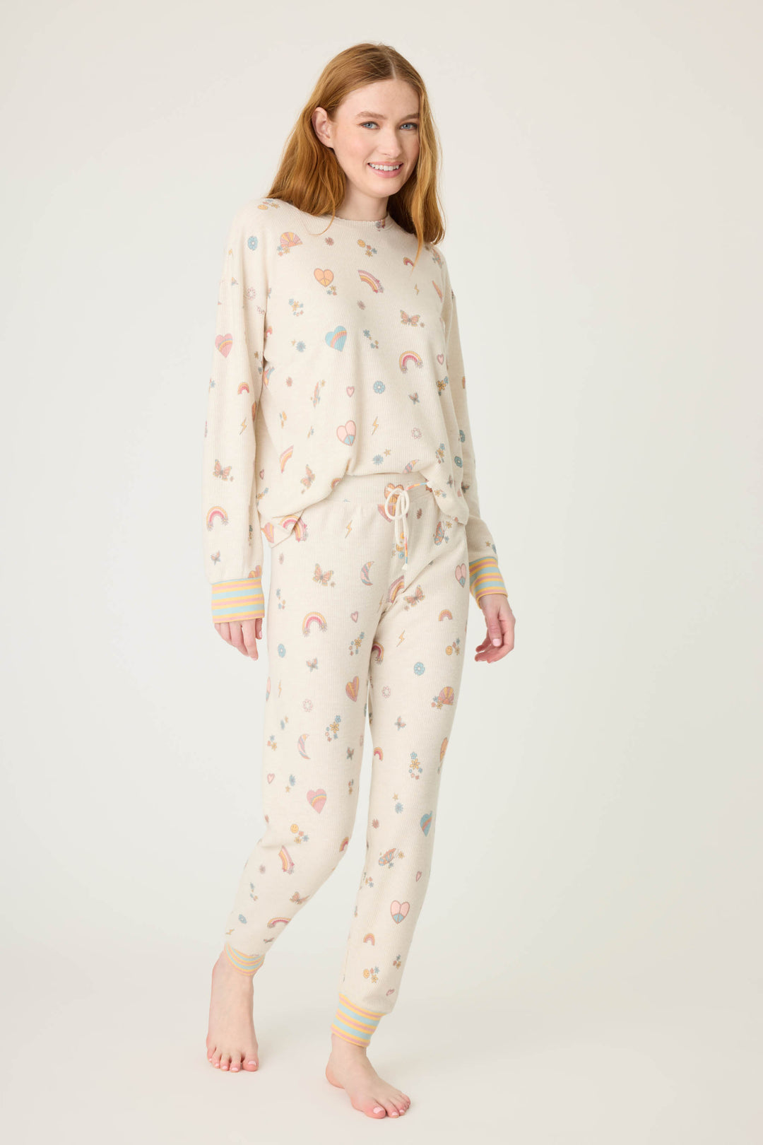 Emoji-fun tattoo printed lounge top in oatmeal with multi-color striped cuffs.