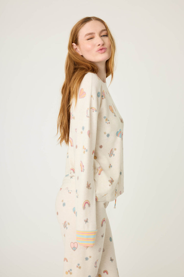 Emoji-fun tattoo printed lounge top in oatmeal with multi-color striped cuffs.