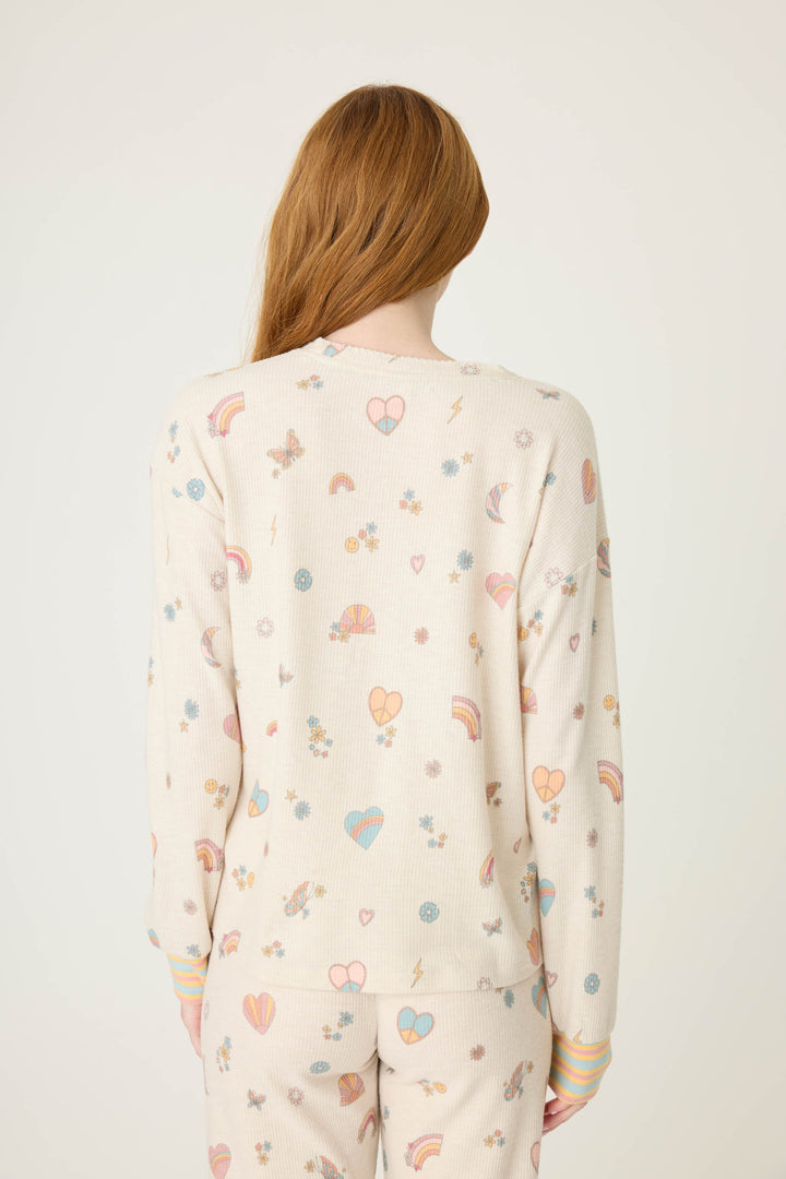 Emoji-fun tattoo printed lounge top in oatmeal with multi-color striped cuffs.