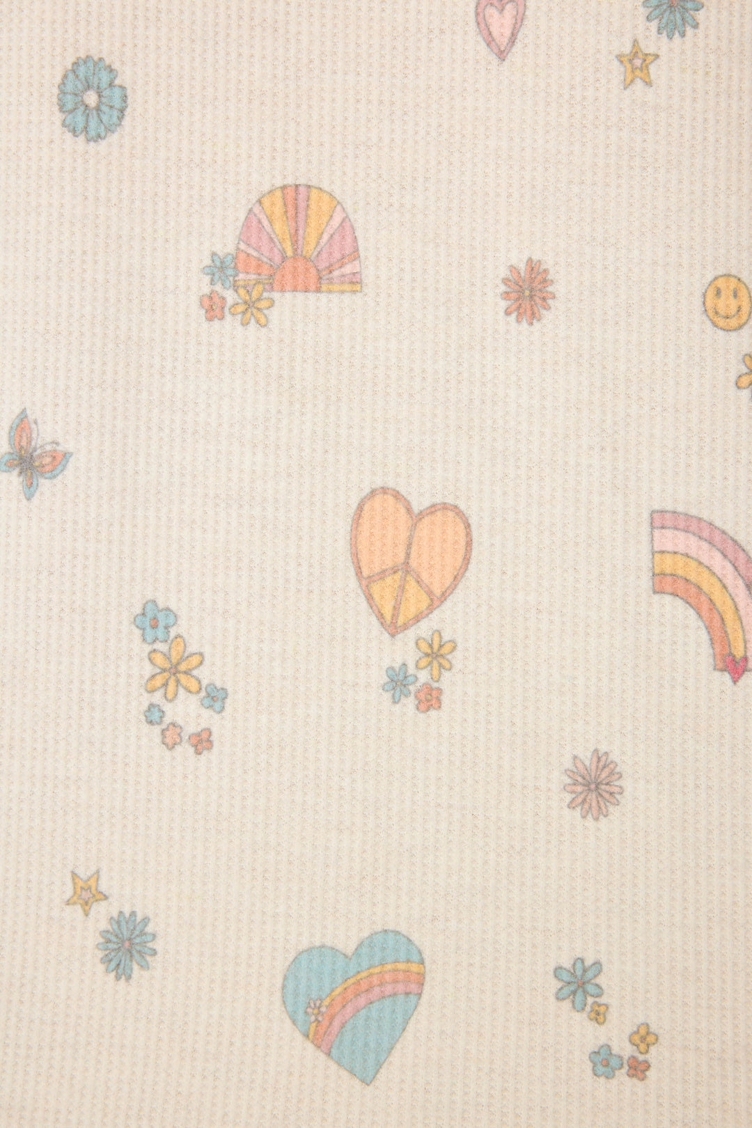 Emoji-fun tattoo printed lounge top in oatmeal with multi-color striped cuffs.