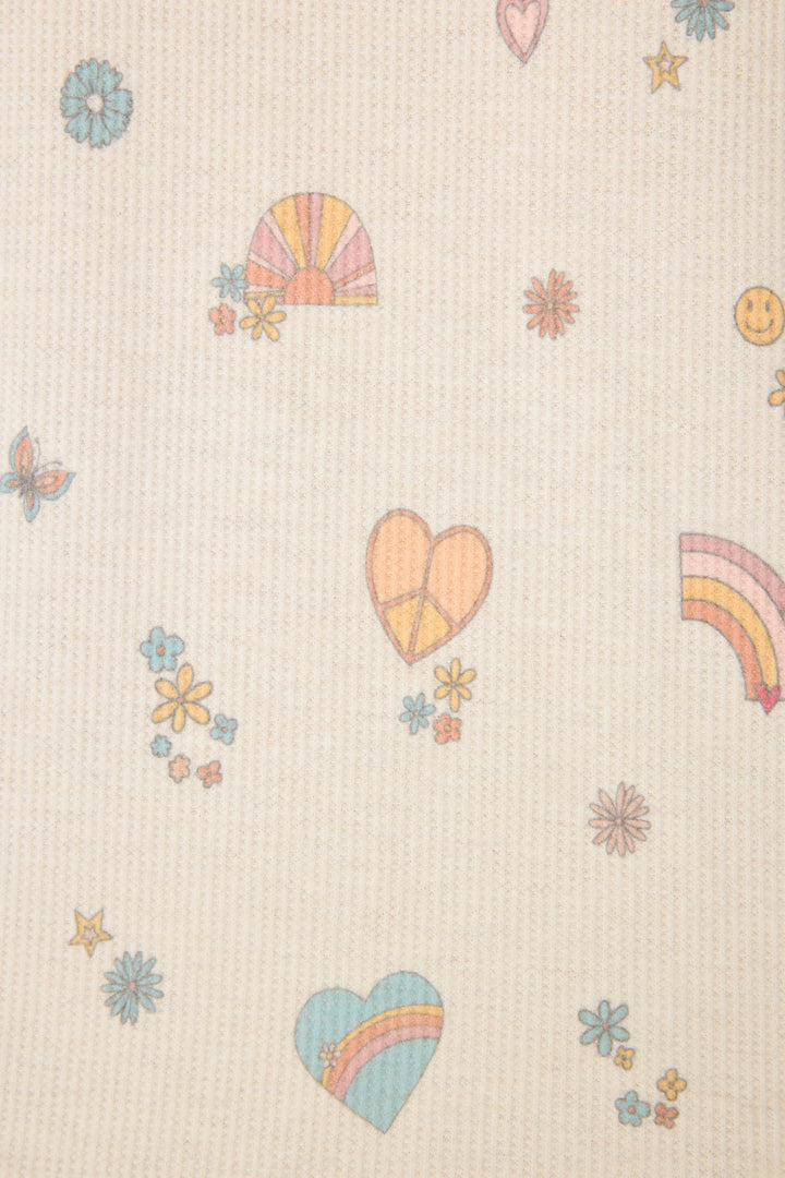 Emoji-fun tattoo printed lounge top in oatmeal with multi-color striped cuffs.