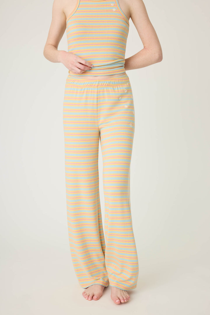 Multi-striped open leg lounge pant in orange-sage-dusty pink. With small floral embroidery details.