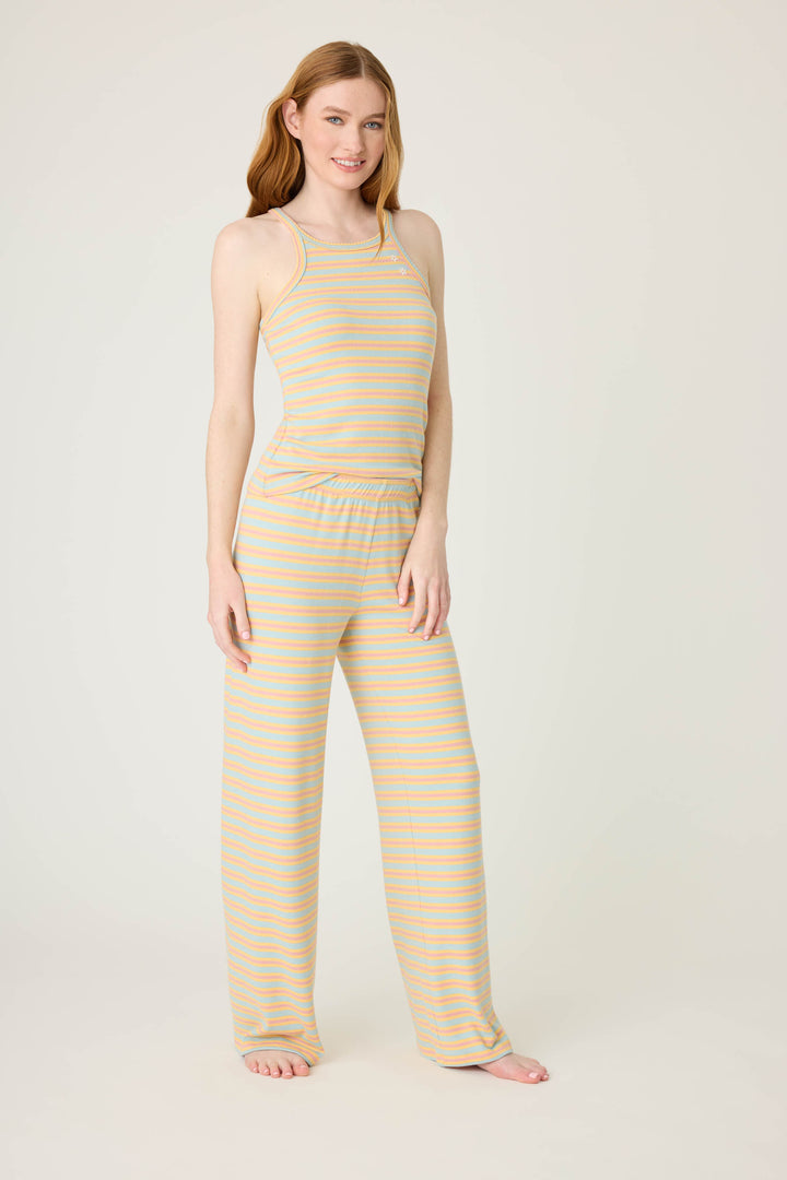 Multi-striped open leg lounge pant in orange-sage-dusty pink. With small floral embroidery details.