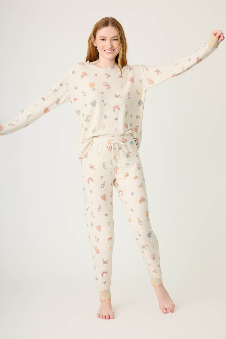 Emoji-fun tattoo printed jammie pant in oatmeal with multi-color striped cuffs.