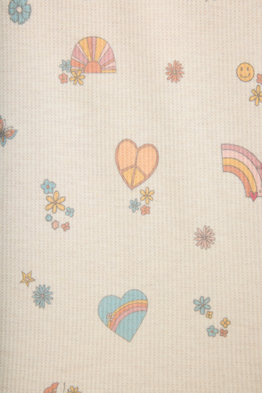 Emoji-fun tattoo printed jammie pant in oatmeal with multi-color striped cuffs.