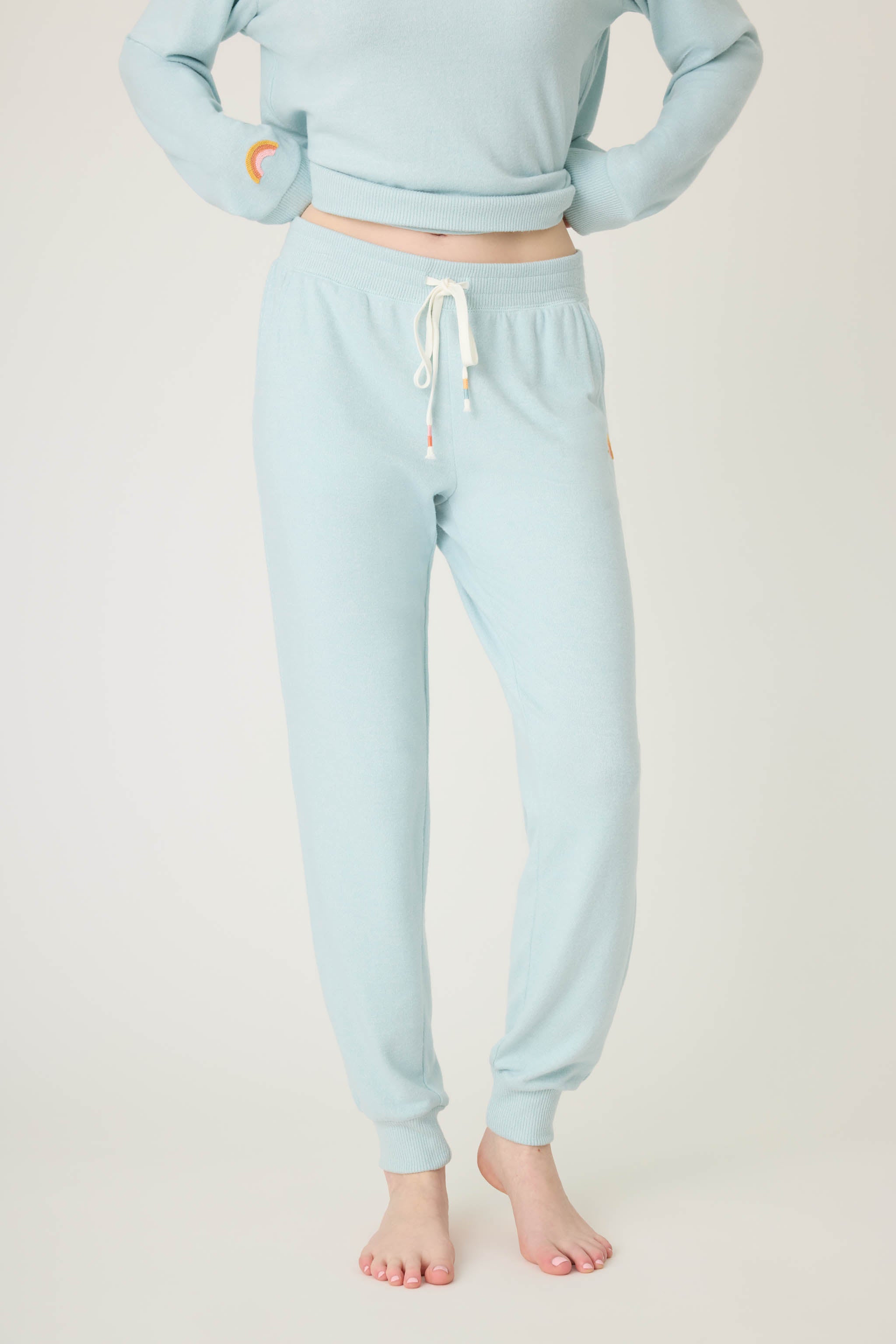 Women's Blue Melange Jogger Pant with Rainbow Embroidery on Cuff