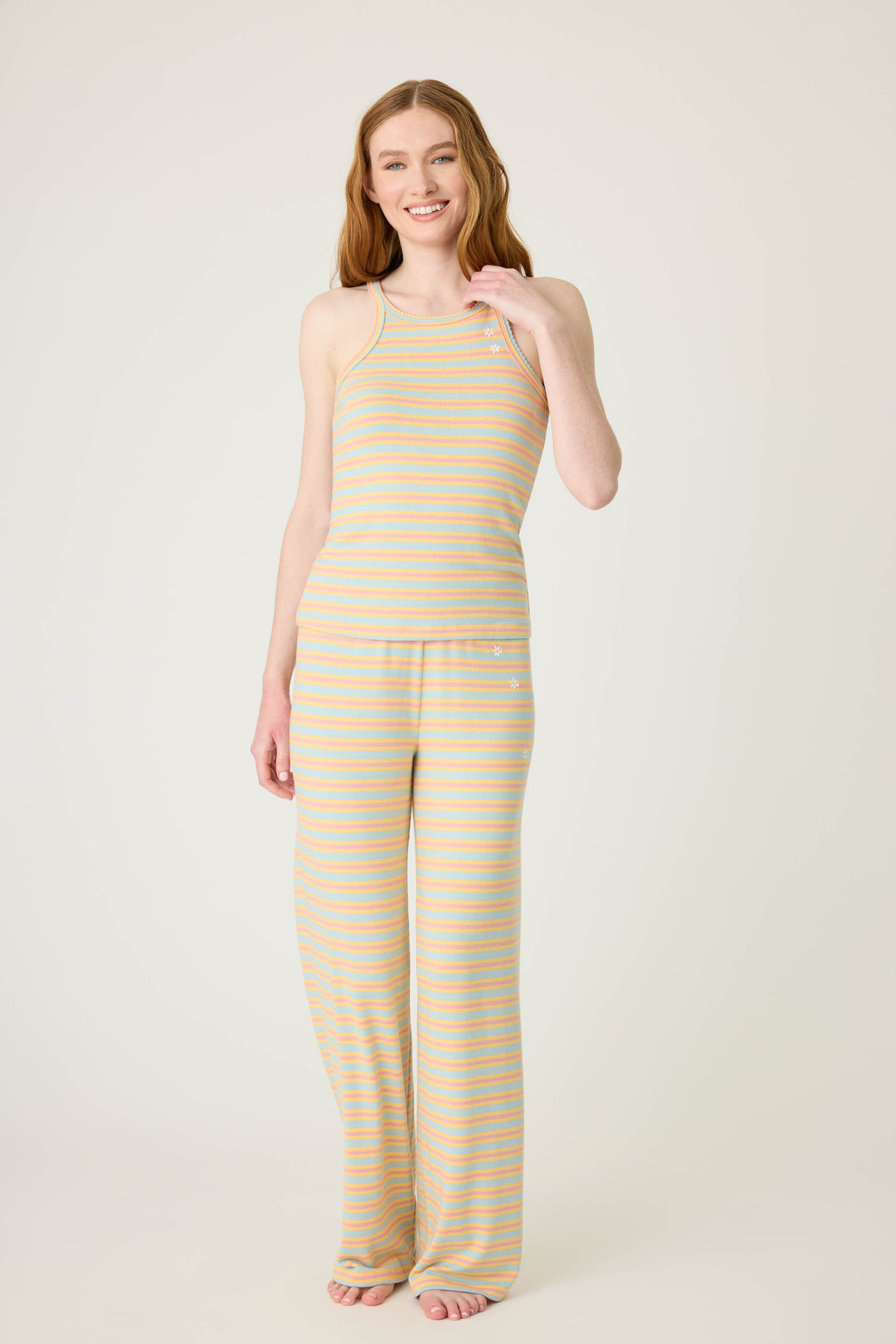 Multi-striped fitted tank top in orange-sage-dusty pink. With small floral embroidery details.