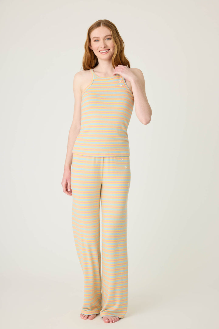 Multi-striped fitted tank top in orange-sage-dusty pink. With small floral embroidery details.