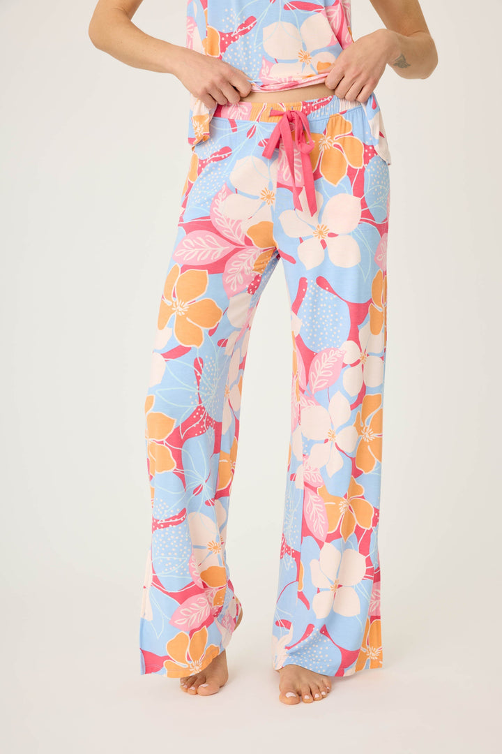 Women's tropical pink & coral floral printed lounge pant in modal jersey. Wide leg with side slits.