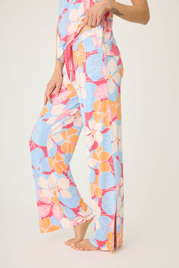 Women's tropical pink & coral floral printed lounge pant in modal jersey. Wide leg with side slits.