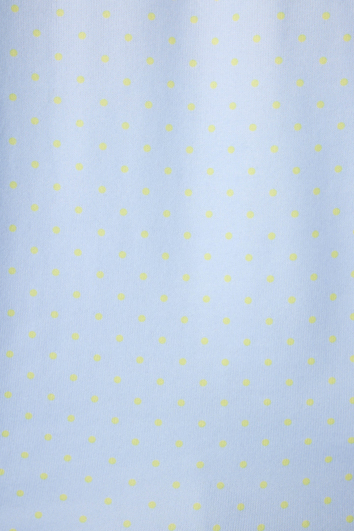 The P.J. Salvage Beautiful Life Polka Dot Open Leg Pant features light blue fabric with small, pale yellow polka dots arranged in neat horizontal and vertical rows for a stylish, orderly look.