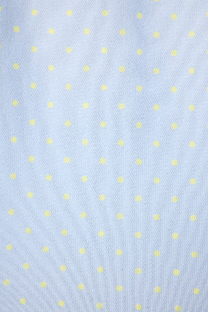 The P.J. Salvage Beautiful Life Polka Dot Shorts feature light blue fabric with evenly spaced small yellow polka dots and a subtly visible texture.