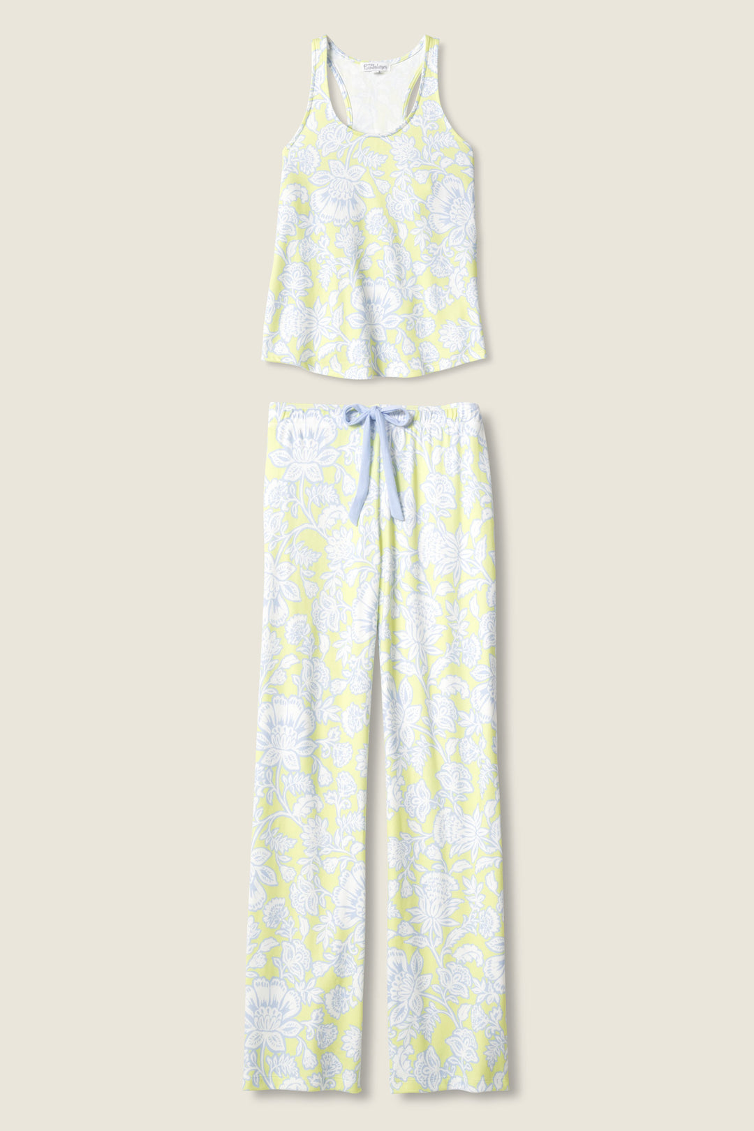 The P.J. Salvage Beautiful Life Floral Print PJ Set features a sleeveless tank top and full-length pants with a light yellow and white floral pattern and a blue drawstring, displayed on a beige background.