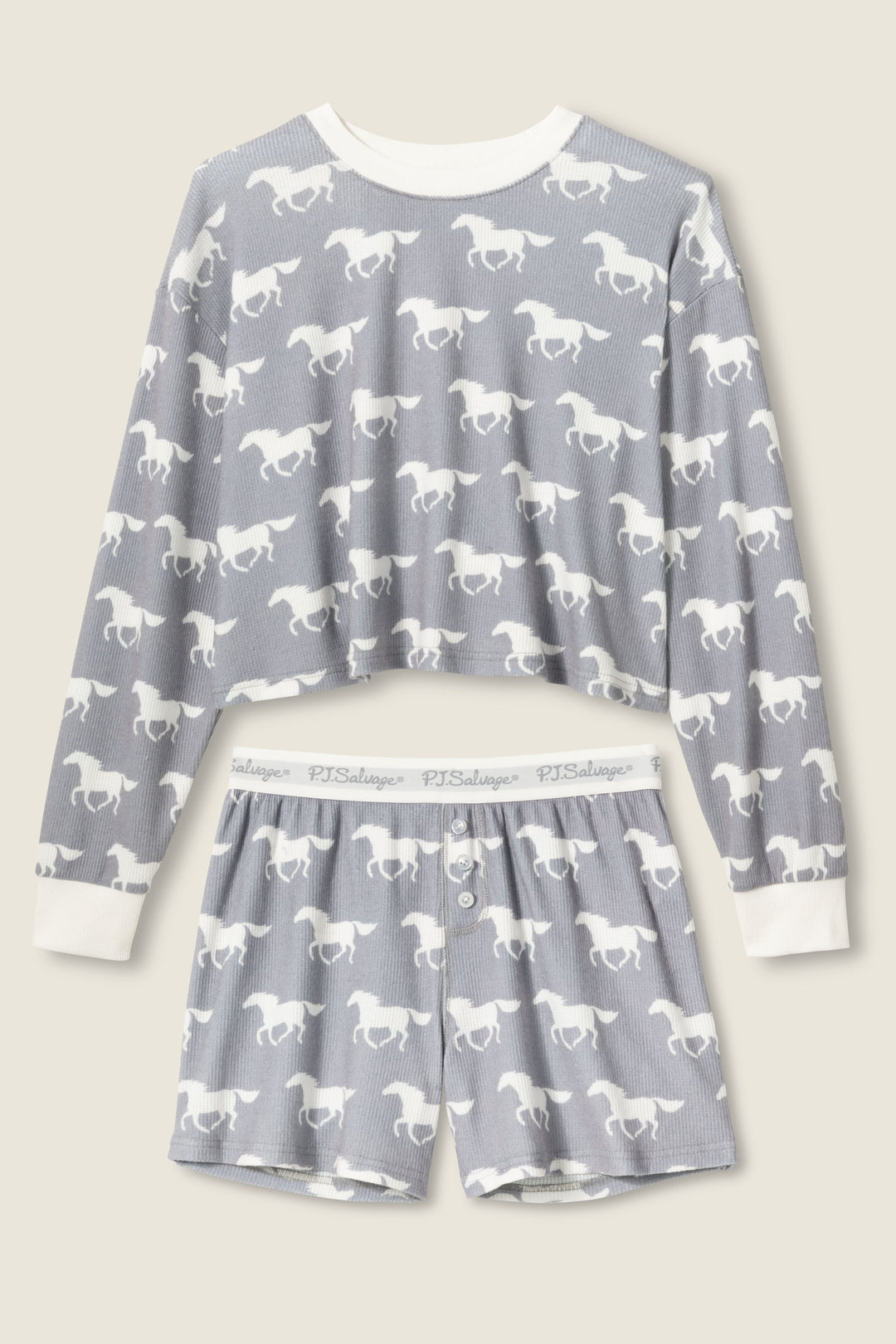 A gray STARS PJ SET BOYFRIEND BOXER SHORT GIFT SET by P.J. Salvage, featuring a long-sleeve top and boxer shorts with a white horse pattern and a white waistband with the P.J. Salvage logo repeated.