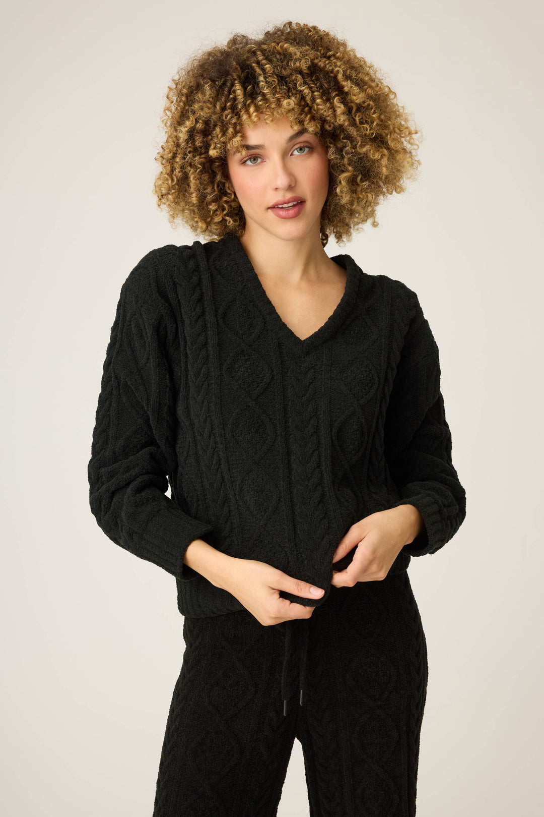 SOLID V - NECK LONG SLEEVE COZY CHENILLE CABLE KNIT -  - P.J. Salvage