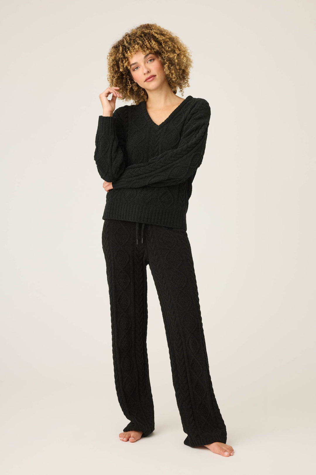 SOLID V - NECK LONG SLEEVE COZY CHENILLE CABLE KNIT -  - P.J. Salvage