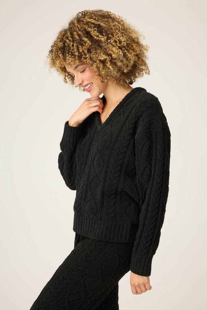 SOLID V - NECK LONG SLEEVE COZY CHENILLE CABLE KNIT -  - P.J. Salvage