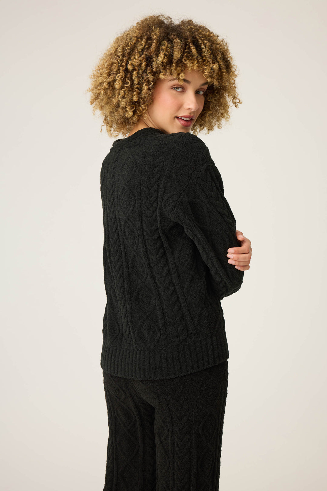 SOLID V - NECK LONG SLEEVE COZY CHENILLE CABLE KNIT -  - P.J. Salvage