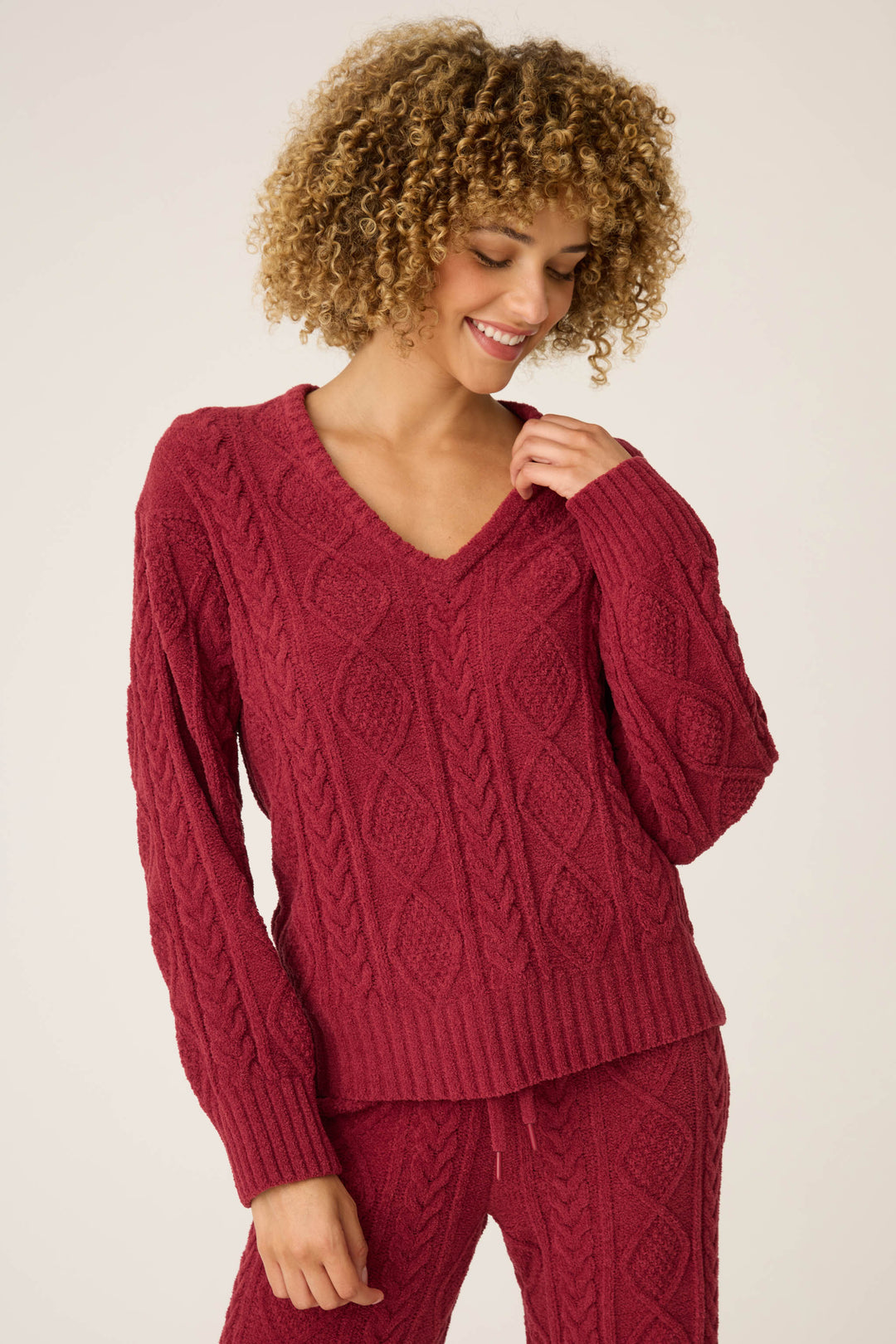 SOLID V - NECK LONG SLEEVE COZY CHENILLE CABLE KNIT -  - P.J. Salvage