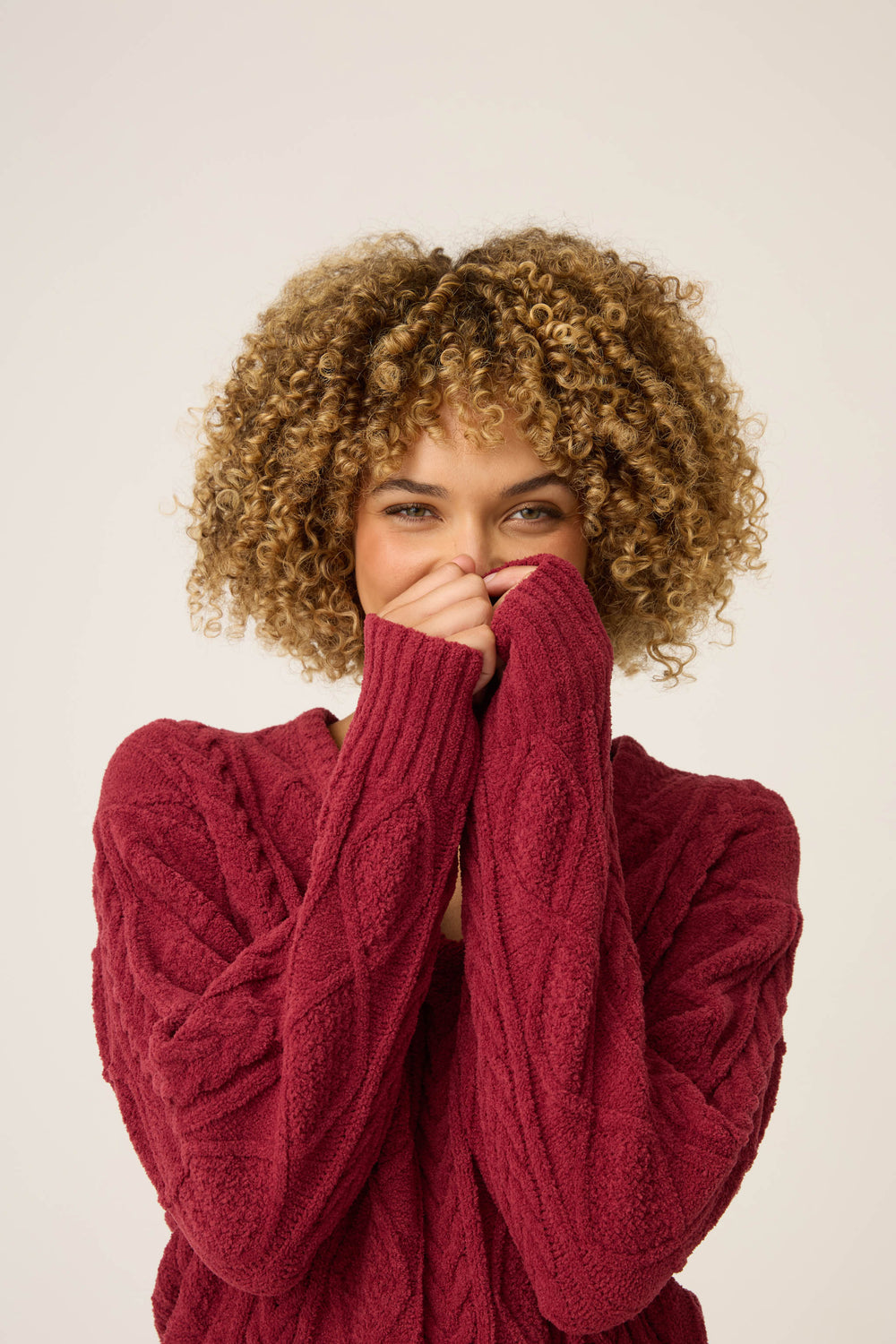 SOLID V - NECK LONG SLEEVE COZY CHENILLE CABLE KNIT -  - P.J. Salvage