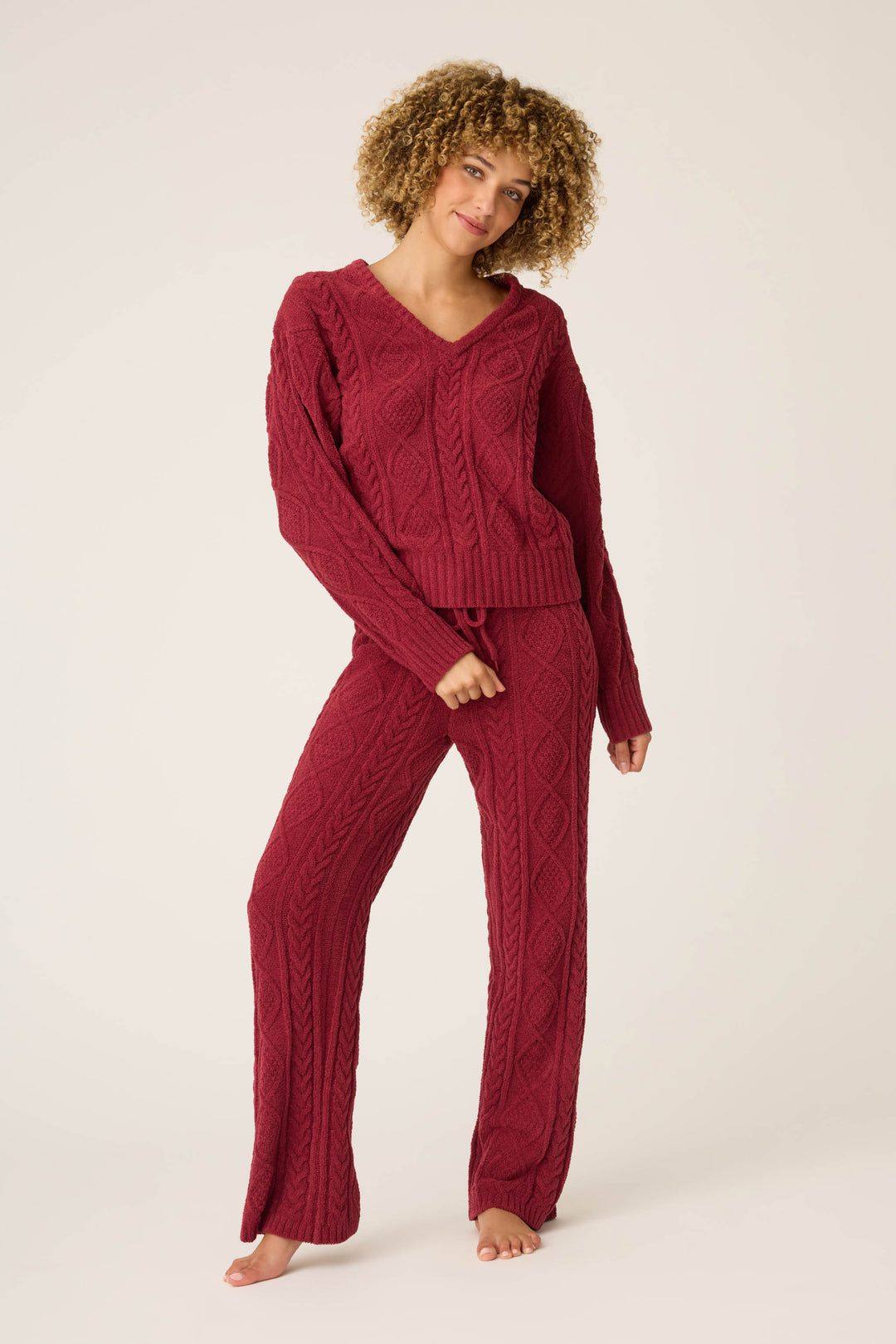 SOLID V - NECK LONG SLEEVE COZY CHENILLE CABLE KNIT -  - P.J. Salvage